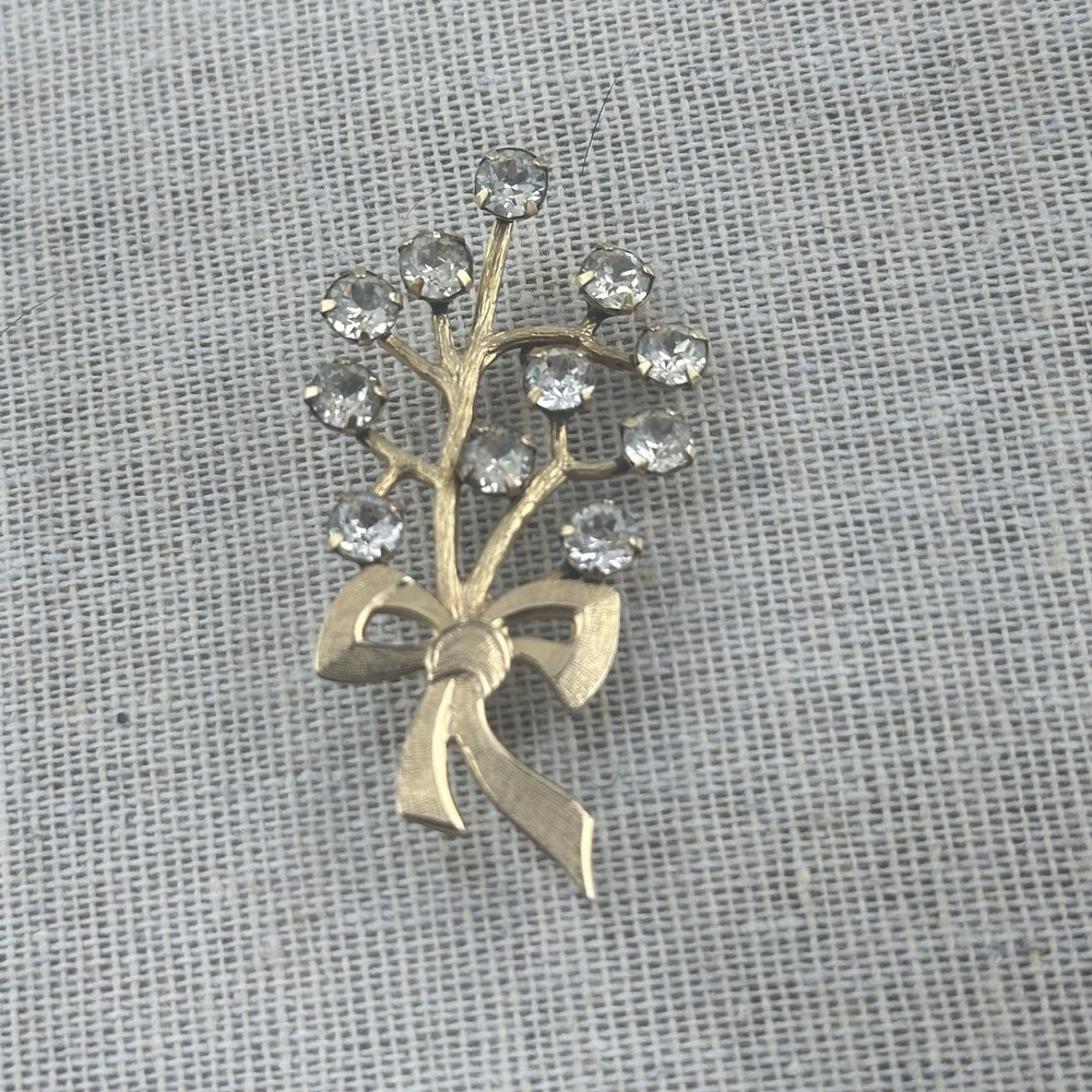 Vintage MCM Rhinestone Floral Good Time Bow Brooch Pin